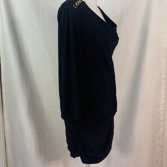 WHBM Black Long Sleeved Mini Dress w/ Gold Shoulder Detail - Picture 9 of 17